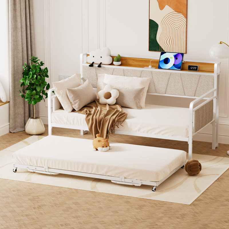 Twin Size Daybed with Trundle,Sturdy Metal Bed Frame with Upholstered Headboard for Living Room, Bedroom, Studio Apartment