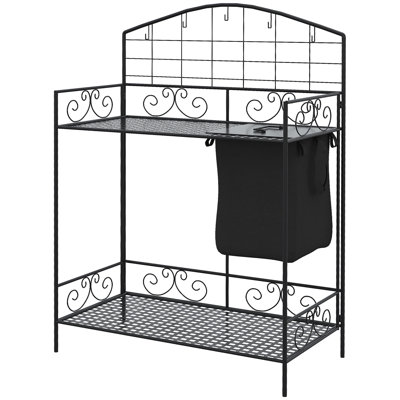 Foldable Metal Garden Workstation With Potting Ability, Large Bag Cover, 5 Hooks & Shelf, Ergonomic For Reduced Backache, Black Table Folding Design, Storage Hanging Tools Back And Knee-,