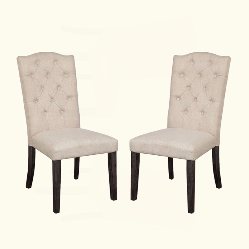 Ensemble de 2 chaises de salle à manger rembourrées en lin avec dossier capitonné, beige et espresso vieilli