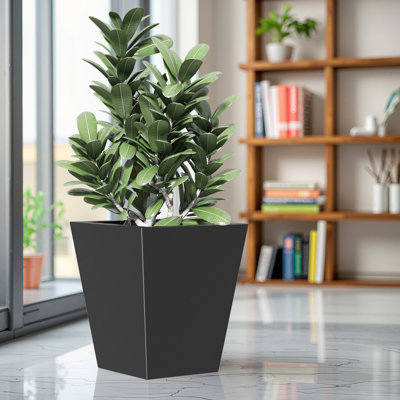 22" H Tall Metal Garden Planter In Burnished Black With Useful Drainage Hole And Rubber Plug - Outdoor & Indoor Plant Pot For Home Patio Large Tapered With Gardens At