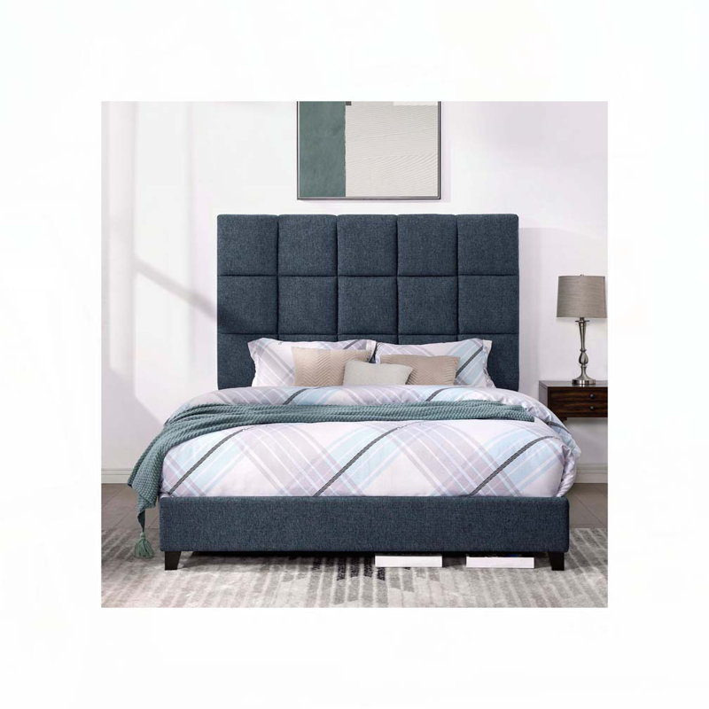 Boucle Upholstered Platform Bed, Queen, Navy Blue