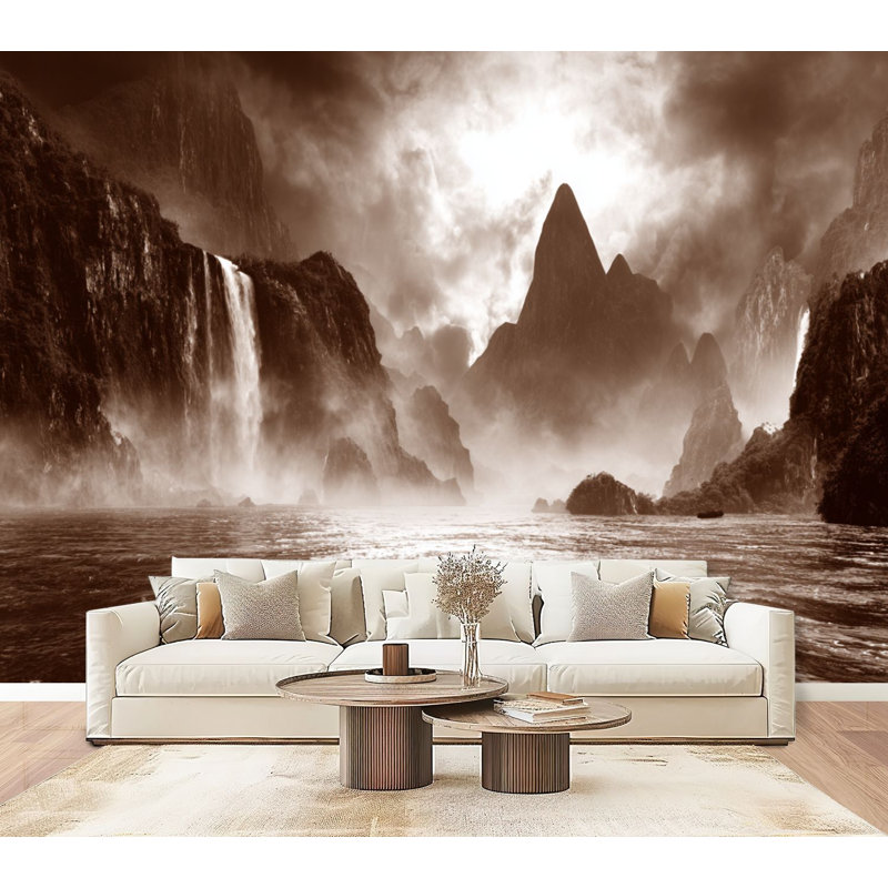 Papier peint adhésif peler et coller Waterfall Mountain Modern Golden Waterfall Mountain Peaks Mist Fog murales murales H 69 po x l 96 po amovible, papier peint adhésif mural pour chambre à coucher, bureau