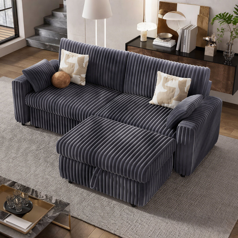 2 Seat Modular Sectional Sofa, Corduroy Couch With Storage Ottoman, Oversized Seat Cushion, Modular Design For Flexible Combinations, No-Tool Assembly, Includes 2 Throw Pillows