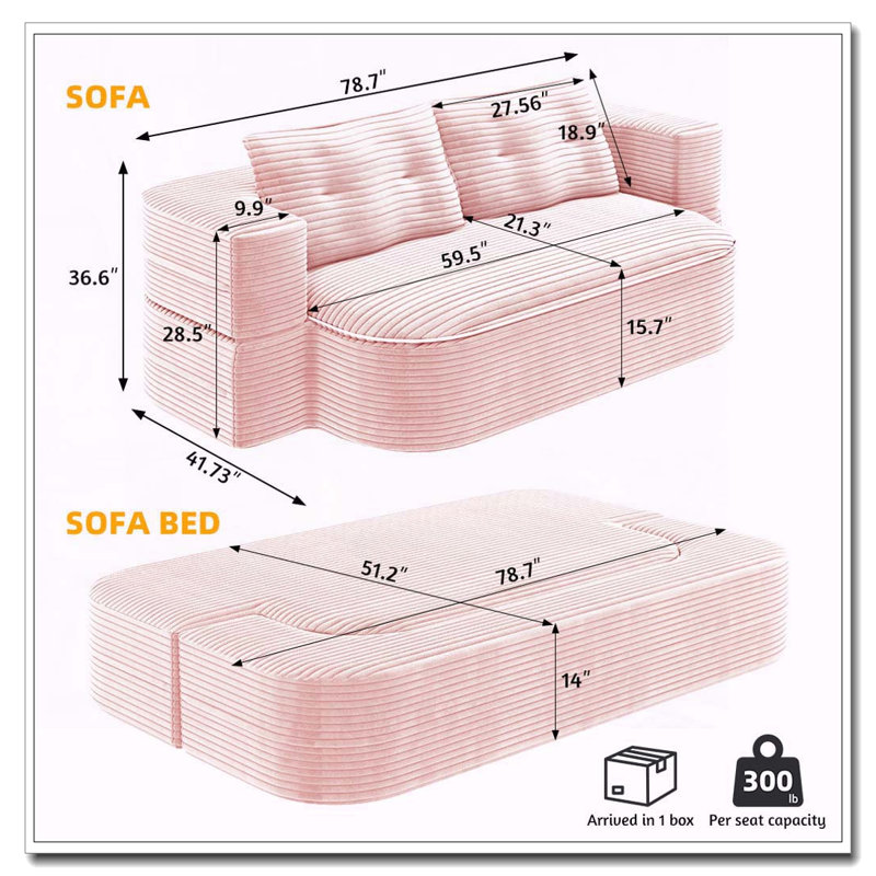 78.7" Modern 2-in-1 Foldable Sofa with Functional Blanket and 2 Soft Pillows, Baby Pink