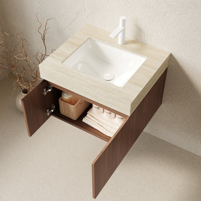 Meuble-lavabo mural 24 po avec plateau en pierre frittée, lavabo en céramique et 2 portes à fermeture en douceur