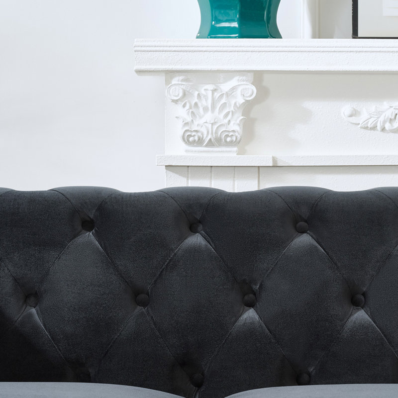 Canapé en tissu d'ameublement en velours de 67 po avec accoudoirs roulés et têtes de clous Chesterfield 67 po., Noir