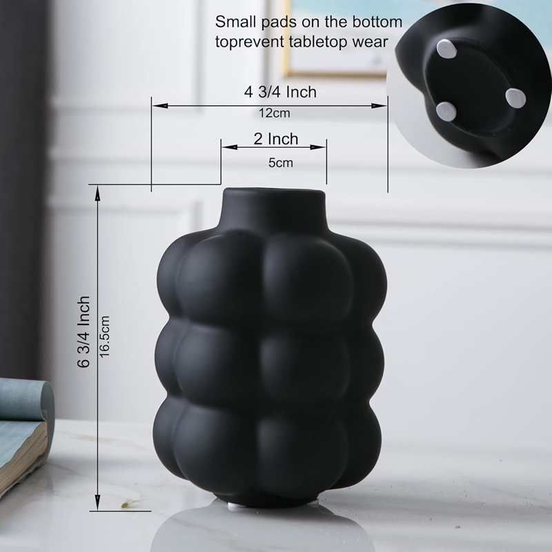 Black Ceramic Vase - Small Spherical Flower Vase For Centerpiece, Three Floors Design For Modern Home Decor, Boho Decorative Vase - 6.7" Tall