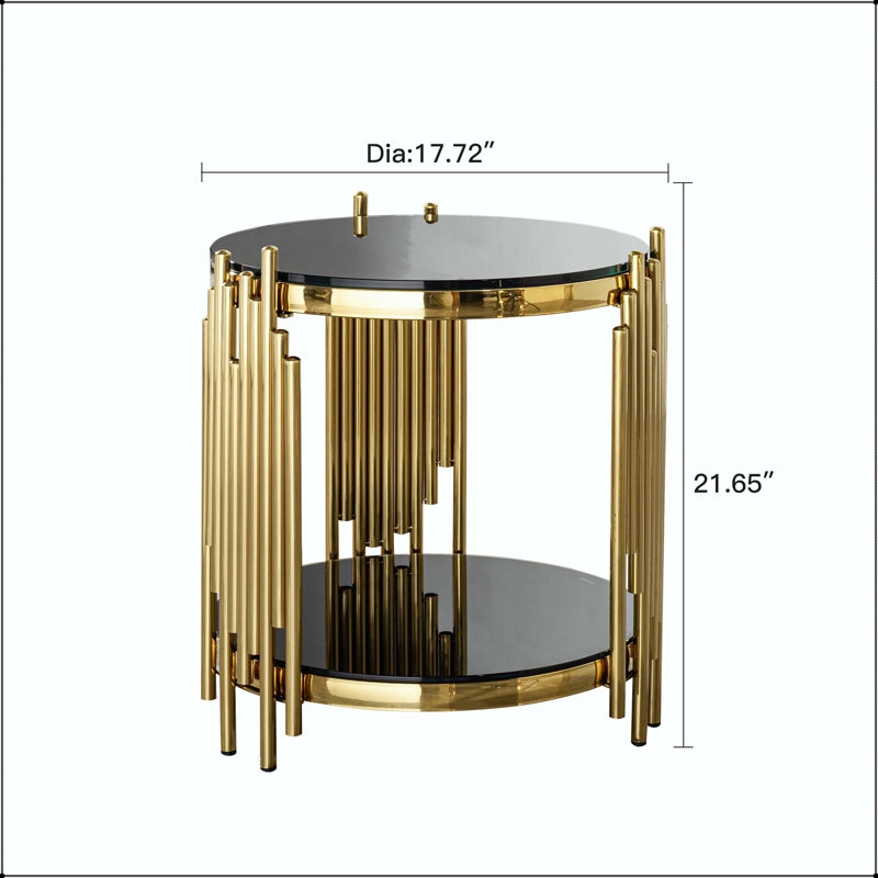 Table basse ronde de luxe avec verre trempé à 2 niveaux et cadre doré, L 17,72 po