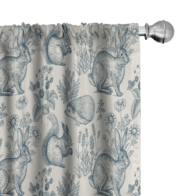 Rideaux 4 panneaux East Urban Home Animal, lapins hérisson, coquille d'œuf et bleu sarcelle foncé, L 56 po x L 84 po