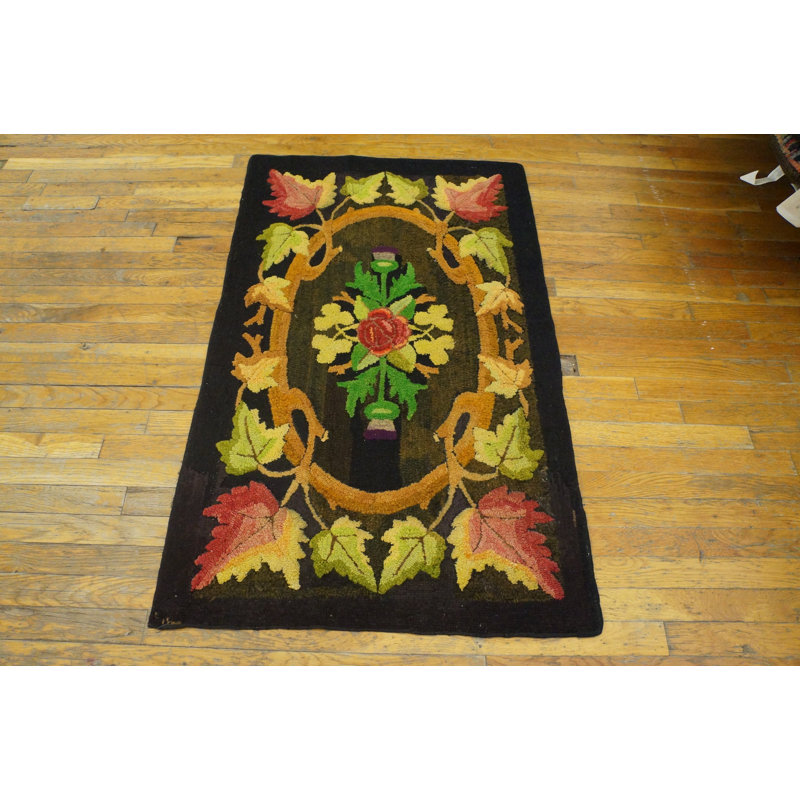 Antique American Hooked Floral Medallion Wool Brown Earth Tone 1930s Rug