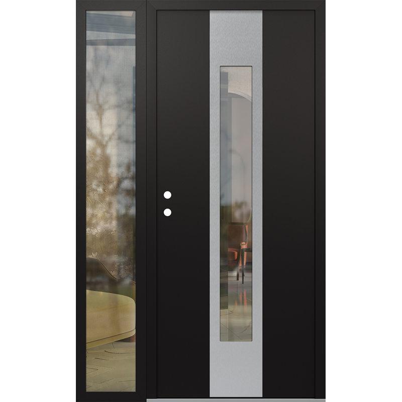 Porte d'entrée pré-suspendue en acier argenté avec panneau latéral droit Diamond A., L 48 po x H 80 po, Noir, Clair