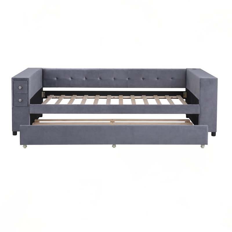 Lit rembourré avec rangement et lit gigogne simple, Gris