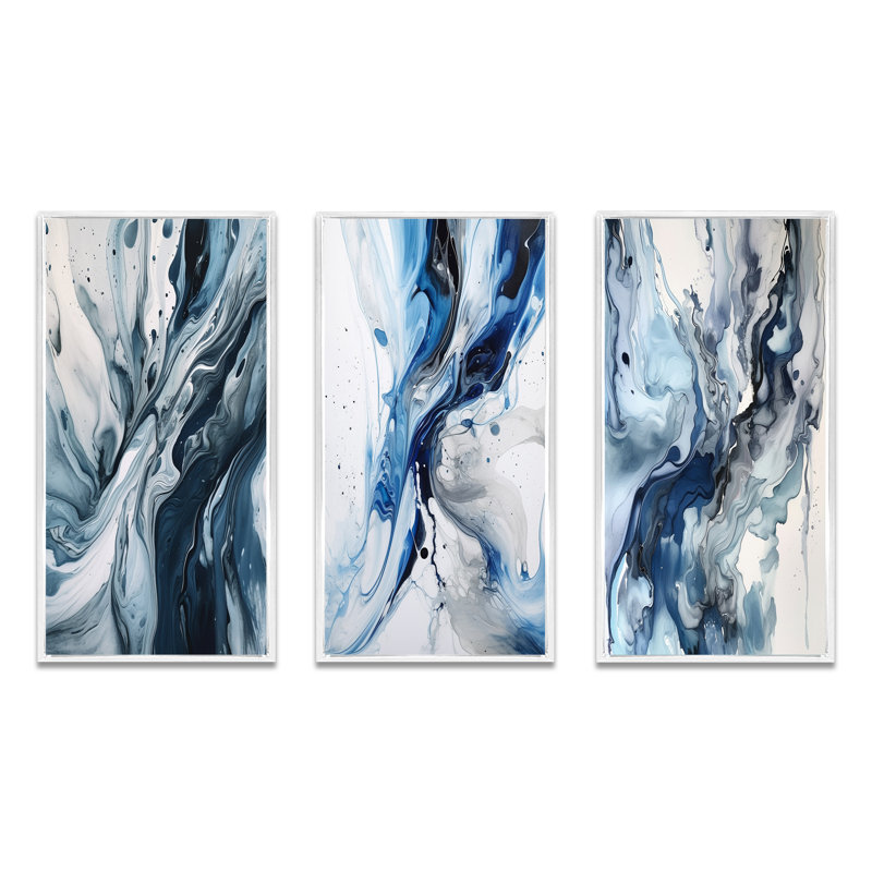 Ensemble de 3 toiles bleues et grises bleu et gris - Elixir bleu et gris, Cadre flottant blanc, H 32 po x l 48 po