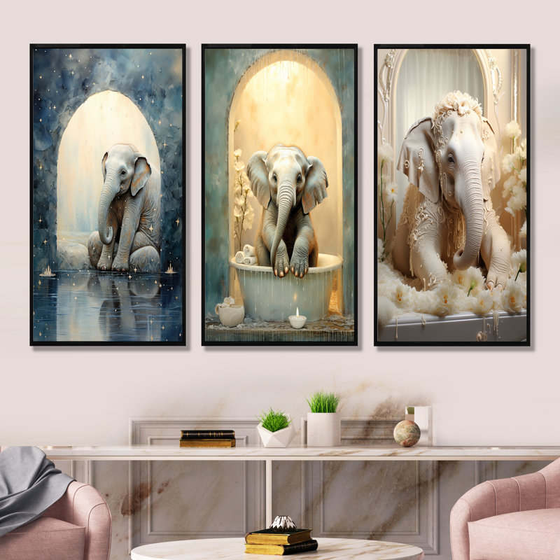 Éléphant de salle de bain, Cadre flottant noir, H 32 po x l 48 po