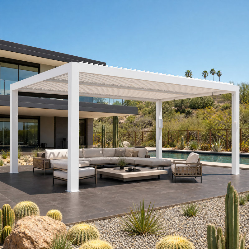Pergola à persiennes 12 'x 16' avec double couche réglable, système de gouttière intégrée et prise de recharge USB Aurora