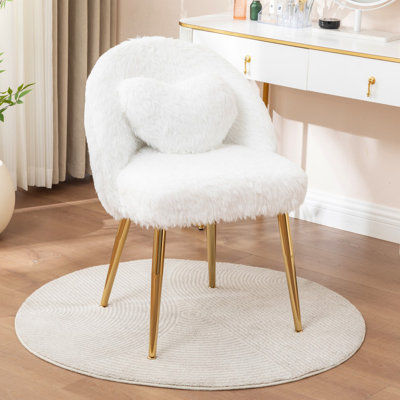 Fluffy Vanity Chair With Backrest And Pillow, Cute Small And Comfortable Office Chair Without Wheels, Comfortable Makeup Chair With Adjustable Gold Legs