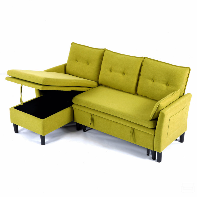 Canapé modulaire en L réversible avec rangement en L - coton et lin, Vert