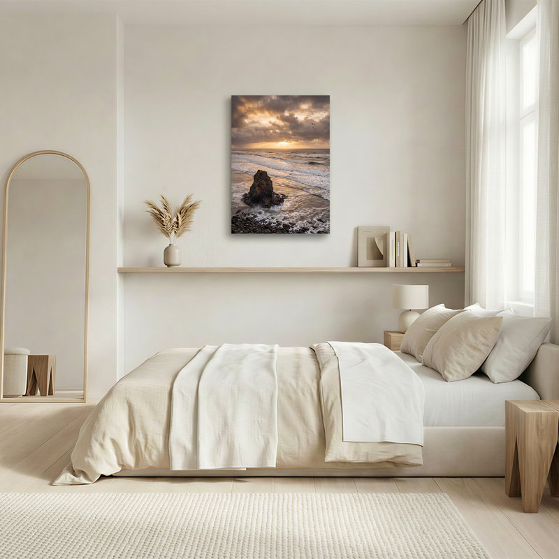 Impression sur toile Rocky Shoreline at Golden Sunset with Ocean Waves, H 24 po x l 16 po