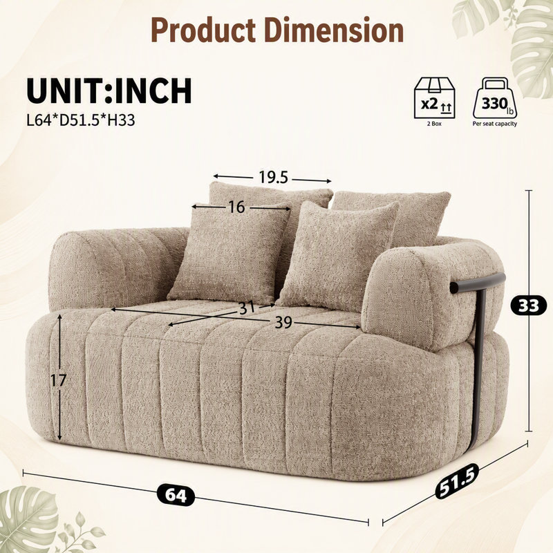 Fauteuil surdimensionné de 64 po avec méridienne et siège désossé 64 po, Boucle kaki