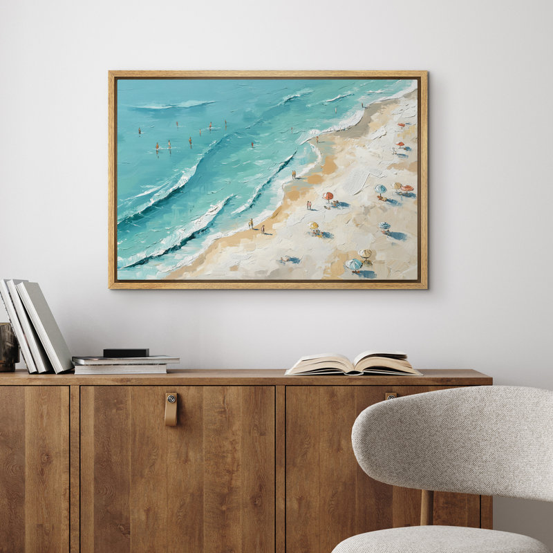 Vue aérienne de la plage d'été, vagues et parapluies, vue sur la mer, H 24 po x l 36 po x P 1,5 po, Naturel