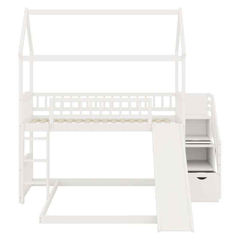 Lit superposé avec glissade, lit de style maison avec glissade intégrée, Blanc
