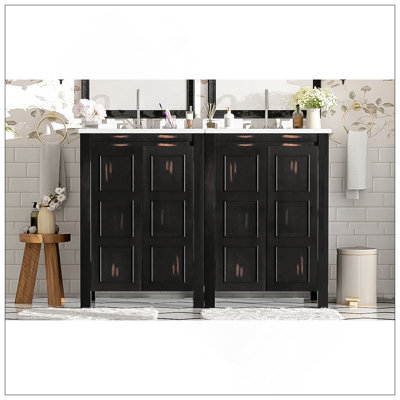 Charmant ensemble de meuble-lavabo de style rétro de 48 po avec deux meubles-lavabos (séparés), deux lavabos en céramique, une tablette de rangement et des portes à fermeture en douceur