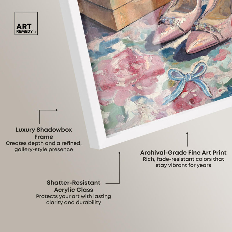 «Pink Heels Shadowbox Print» par Art Remedy, H 21 po x l 17 po, Blanc