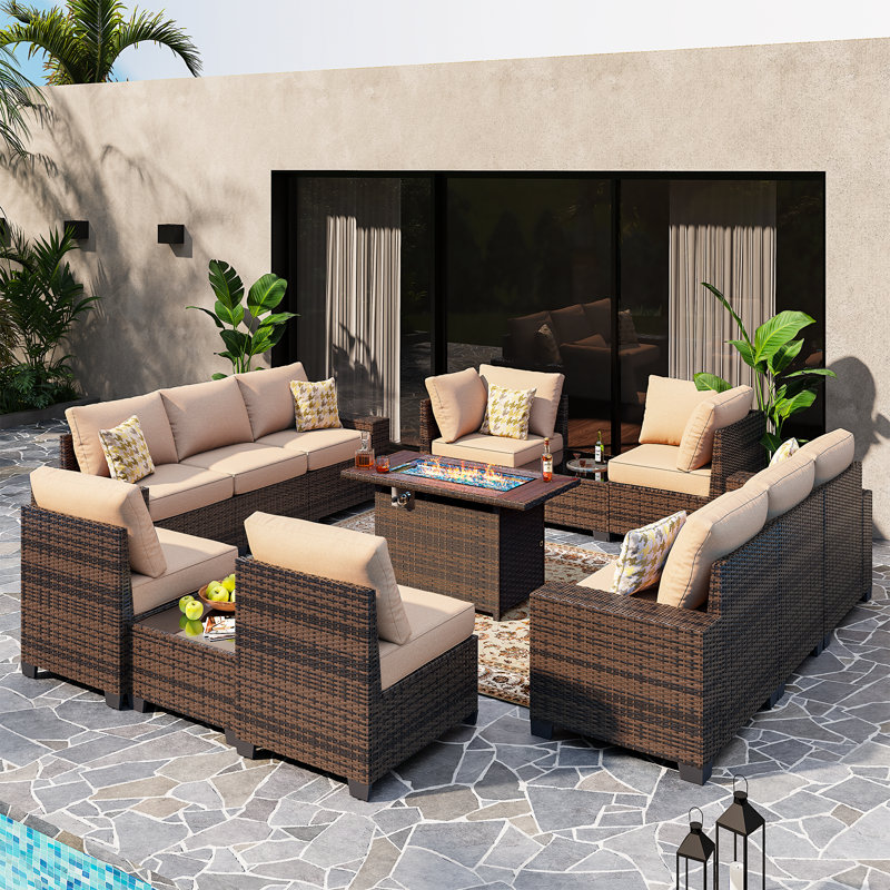 Lekeysha 13 Piece Sofa Seating Group with Fire fit table, Beige