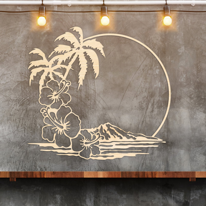 Décoration murale abstraite avec palmier, soleil et montagnes - bouleau baltique naturel, H 32 po x l 29,7 po x P 0,25 po