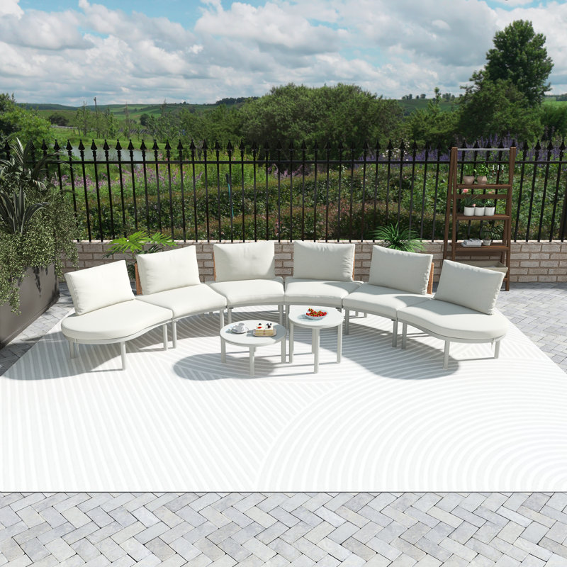 Ensemble de conversation de patio 8 pièces en aluminium avec coussins beiges, Coussin beige / structure ivoire
