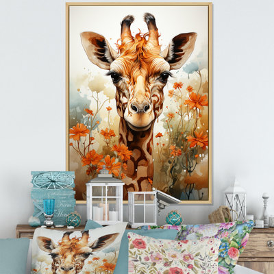 " Cute Giraffe In Flowers Field "