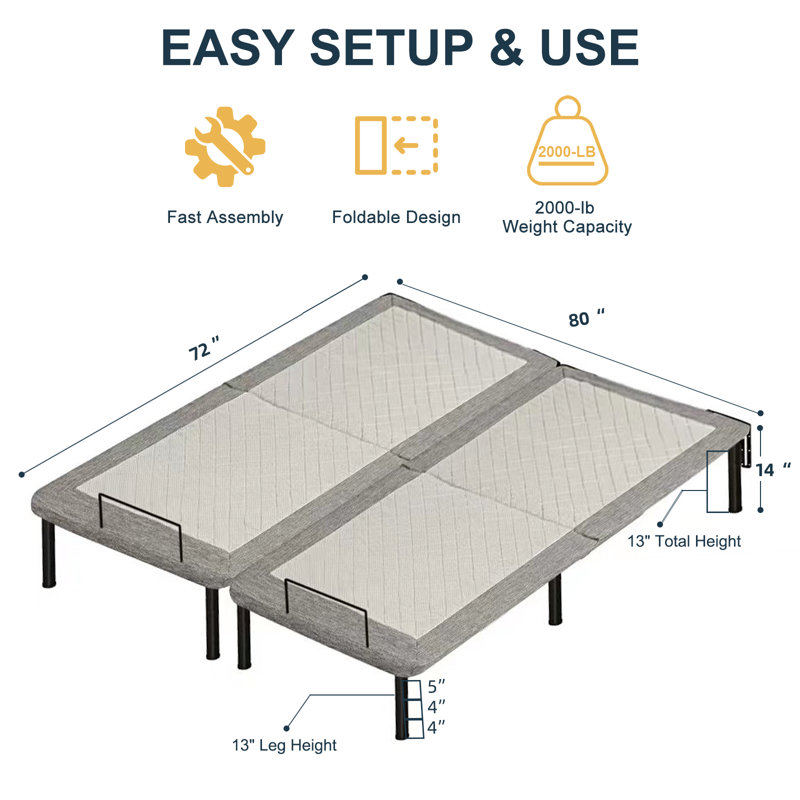 Haslet 14″ Folding Steel Platform Bed Frame with Upholstered Mesh – King Size, Adjustable Height, Assembly Required, King