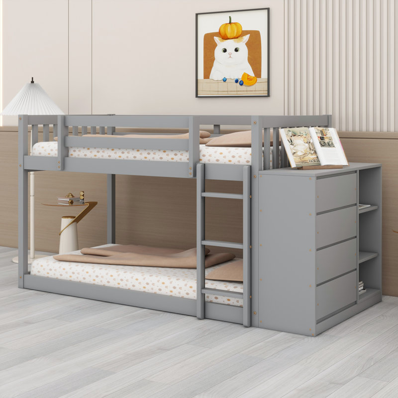 Lit superposé avec tiroirs et tablettes, Gris