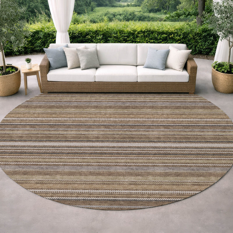 Tapis rayé Ceajay ACN3106 lavable à la machine pour l'intérieur et l'extérieur, Chocolat, 8' Round
