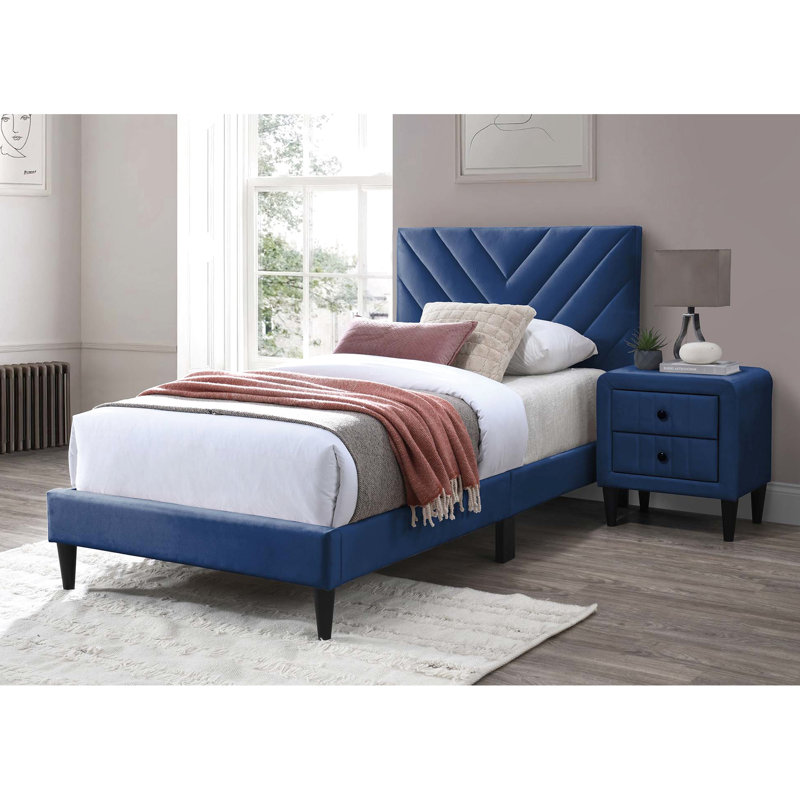 Lit simple en velours bleu marine avec tête de lit ajustable - base 12 pour une stabilité accrue, un support de revêtement chic et un sommeil personnalisé
