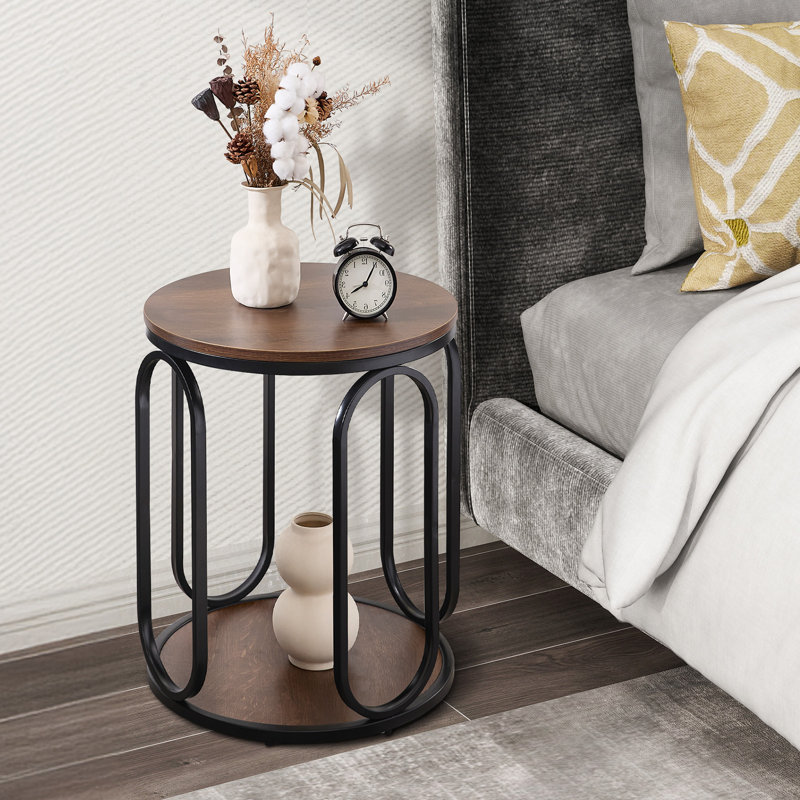 Carnforth 24.4"H Round End Table with Storage, Dark Brown Wood