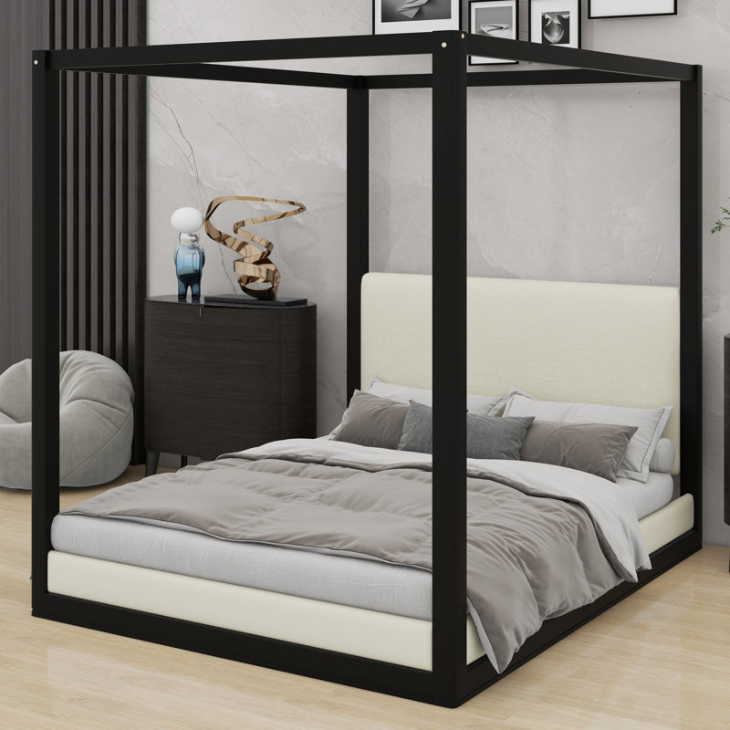Lit à baldaquin contemporain en bois avec tête de lit tapissier, Queen, Black