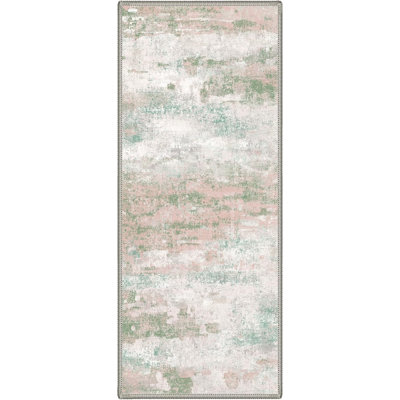 Tapis de couloir 2 x 7 pour la cuisine de couloir, tapis de couloir lavable à la machine pour le vestibule, tapis décoratifs modernes et doux, revêtement de sol à poils courts avec envers antidérapant, rose-vert clair