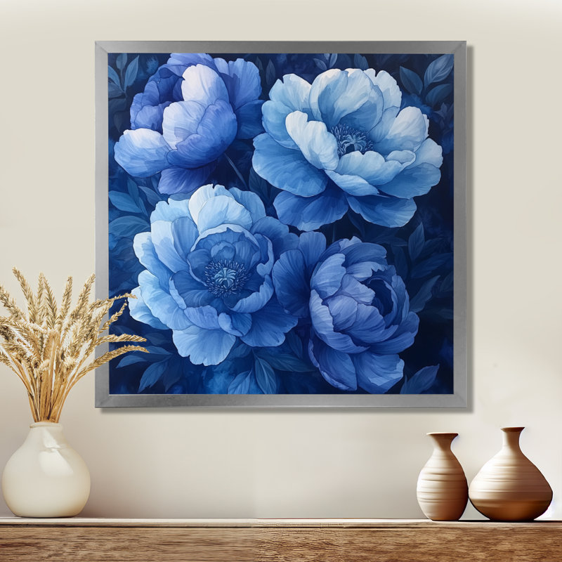 Minuit bleu pivoines Bouquet II - pivoines, art mural, H 16 po x l 16 po, Picture Framed, Argent argent
