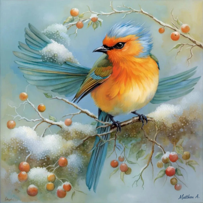 Frosted joy winter bird canvas wall art, 20" H x 20" W