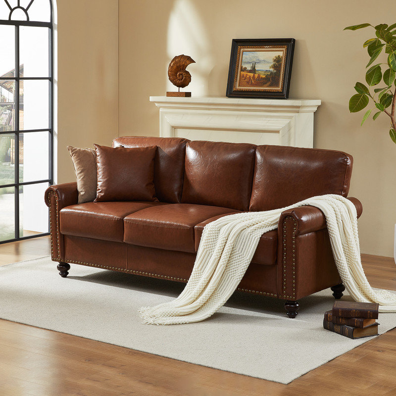Denardo 80'' Rolled Arm Sofa with Storage, Brown Faux Leather