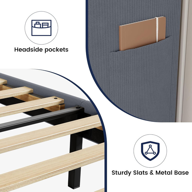 Easy Assembly Full Size Bed Frame Upholstered Platform Bed Space Saving, for Living Room, Guest Room, Dark Gray