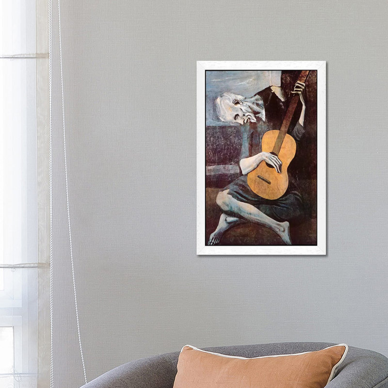 The Old Guitarist by Pablo Picasso - Painting on Canvas, 66.04 cm H x 45.72 cm W, White Framed
