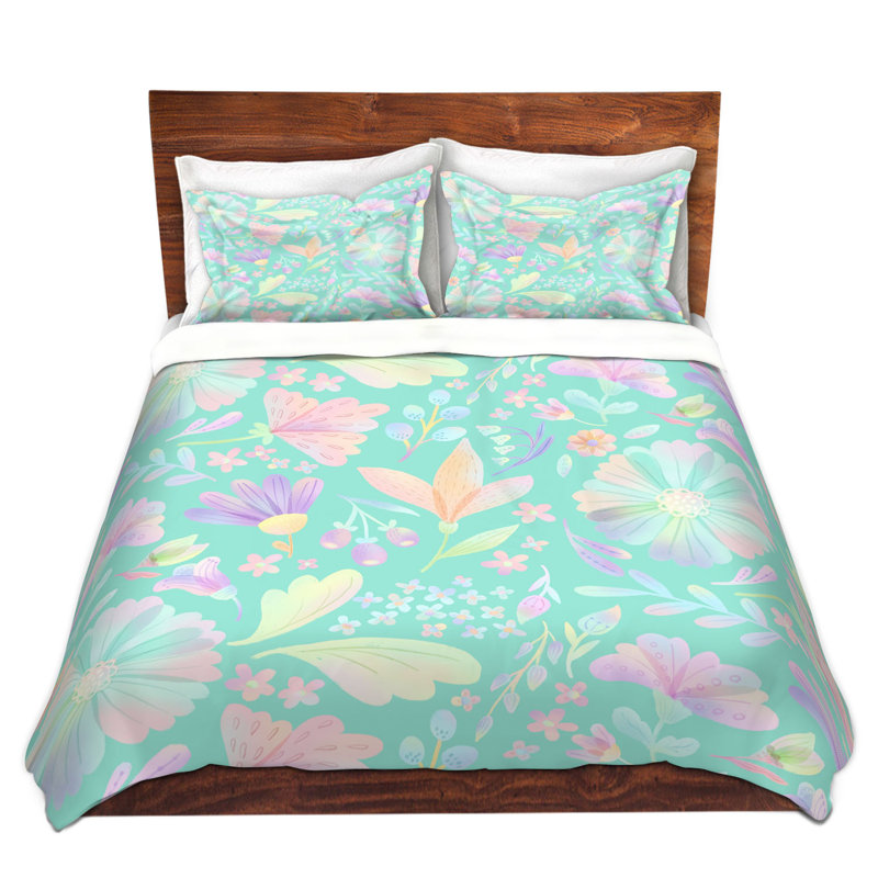 DiaNoche Queen Duvet Cover Sets Microfiber by Noonday Design - Pastel Floral Turquoise, King Duvet Cover + 2 Standard Shams
