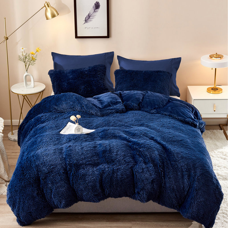 FFDC1217 Plush Shaggy Duvet Cover Set, Twin Duvet Cover + 2 Additional Pieces, Navy