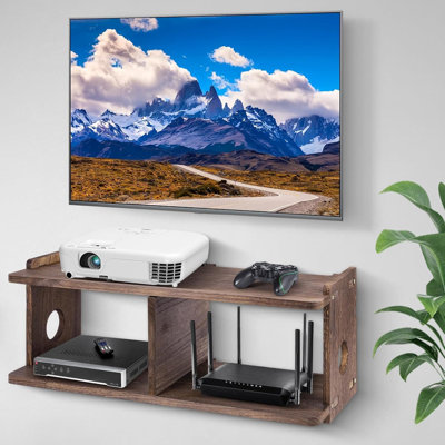 Media Console Shelf For Router, Modem, Game Console And Cable Management | Large Wooden Wall Mount Organizer With Cable Holes For Playstation, Xbox, Projector And Wifi Equipment
