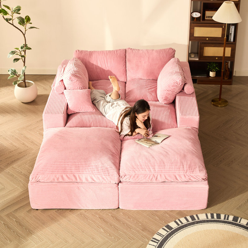 3-Seater L-Shaped Modular Sectional Sofa Bed with Ottoman, 345cm-4U, Pink