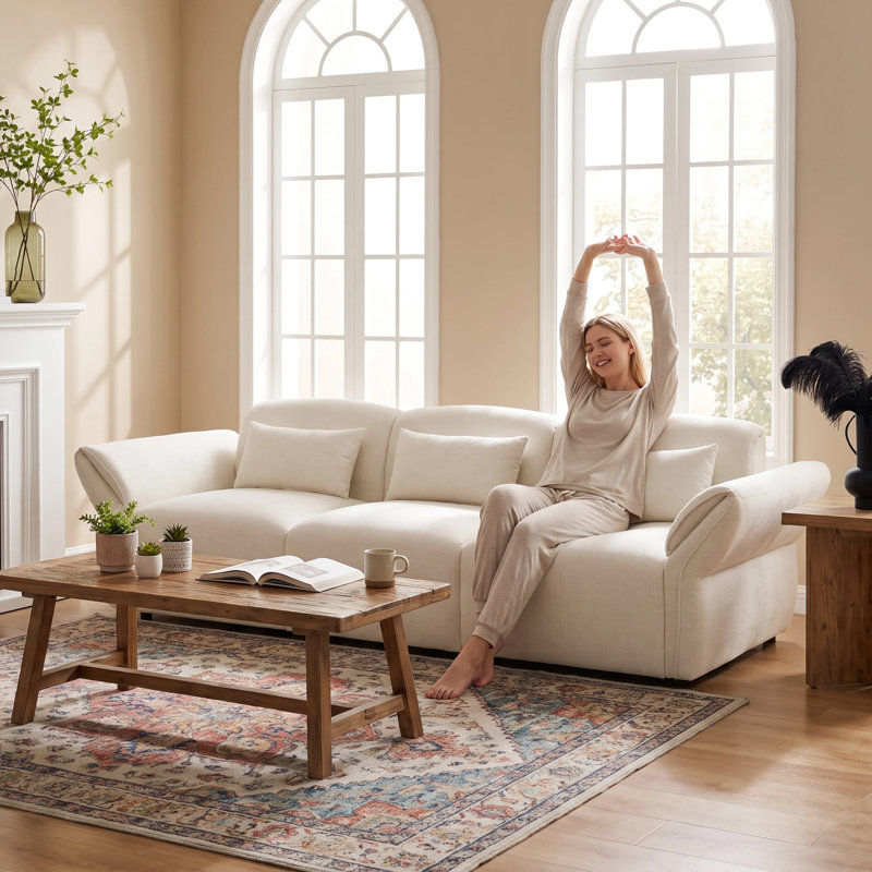 Canapé incurvé moderne de 107 po à 3 places avec sièges profonds et coussins décoratifs, Lin beige