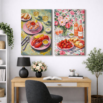 Illustration de table de fruits de mer et de rosé, images de salle à manger, impression sur toile encadrée, 2 pièces