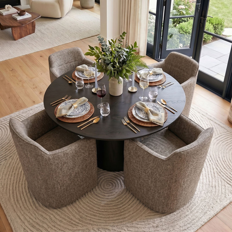 4 - Person Dining Table Sets With Solid  Round Table & 4 Upholstered Fabric Chairs, Black, Light Brown